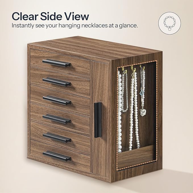 HOOBRO Jewelry Box for Women, Jewelry Organizer Box, 6-Tier Wooden Jewelry Box, Jewelry Case with Side Transparent Window, for Earring, Necklace, Bracelet, Walnut and Black BH12JB04