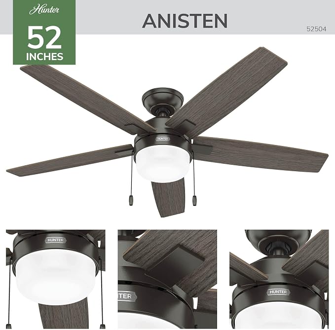 Hunter 52" Anisten Indoor Ceiling Fan, LED Light, Pull Chain, Noble Bronze | WhisperWind whisper-quiet motor, DuraLight lens, and 3" downrod support bedrooms, offices, and great rooms year-round.