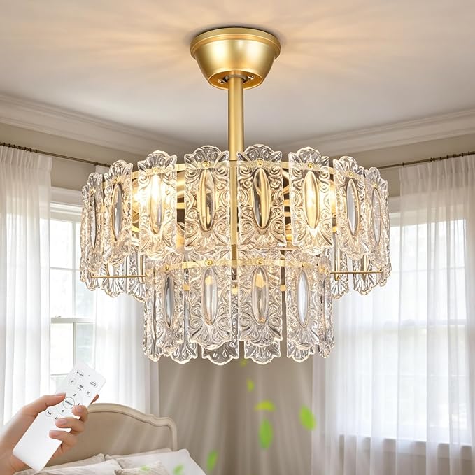 Depuley Bedroom Ceiling Fan with Lights: 20" Gold Chandelier Small Fan with Remote Control - Modern Crystal Fandelier for Girl's Bedroom Living Room Nursery (E26 Bulbs Not Included)