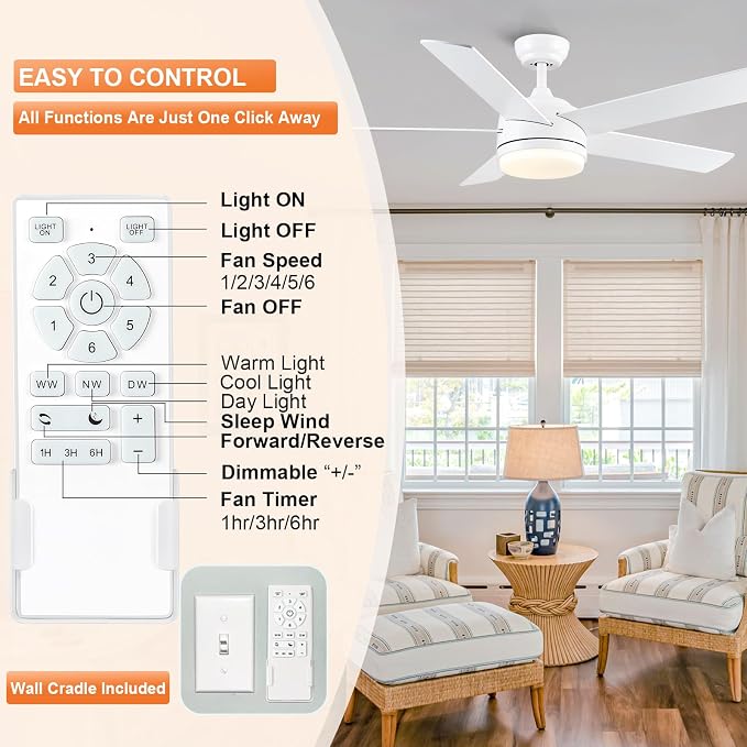 YUHAO 52 Inch White Ceiling Fan with Light and Remote Control.Noiseless,Dimmable,3CCT,6 Speeds Reversible, DC Ceiling Fans for Indoor or Covered Outdoor Use.ETL Listed