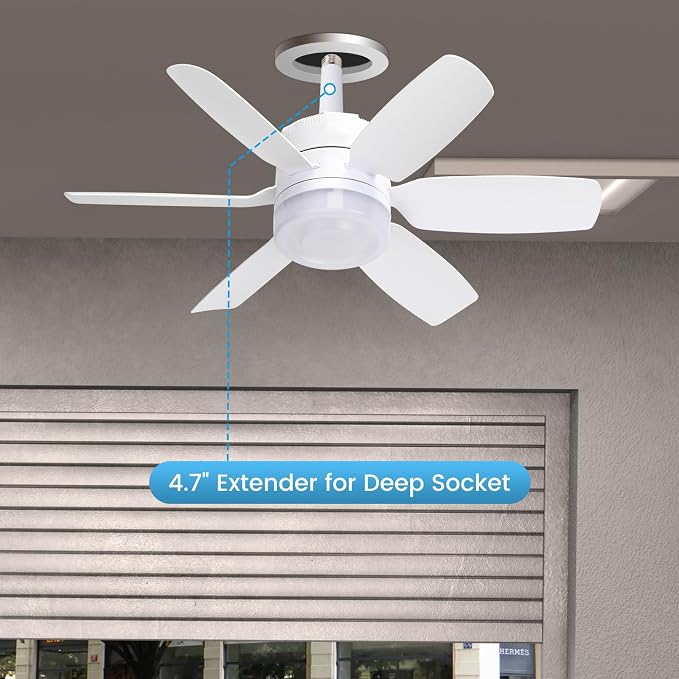 Fanspex 20.5'' Socket Ceiling Fan Light for Home Living Room Bedroom Garage | 5 Fan Speeds with 3 Colors Adjustable Light, 8 Hours Timer, White