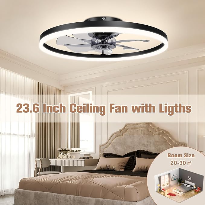 VOLISUN Low Profile Ceiling Fans with Light and Remote,No Assembly,23.6in Fandelier Ceiling Fan with Lights, 3000K-6500K Dimmable Flush Mount LED Fan Light, Black Bladeless Ceiling Fans for Bedroom