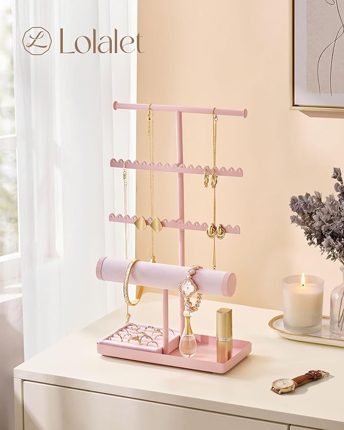 Lolalet Jewelry Organizer Stand, Necklace Bracelet Holder -Pink | Space-Saving Jewelry Display Storage Rack on Vanity Dresser for organizing Earrings Bangels Rings