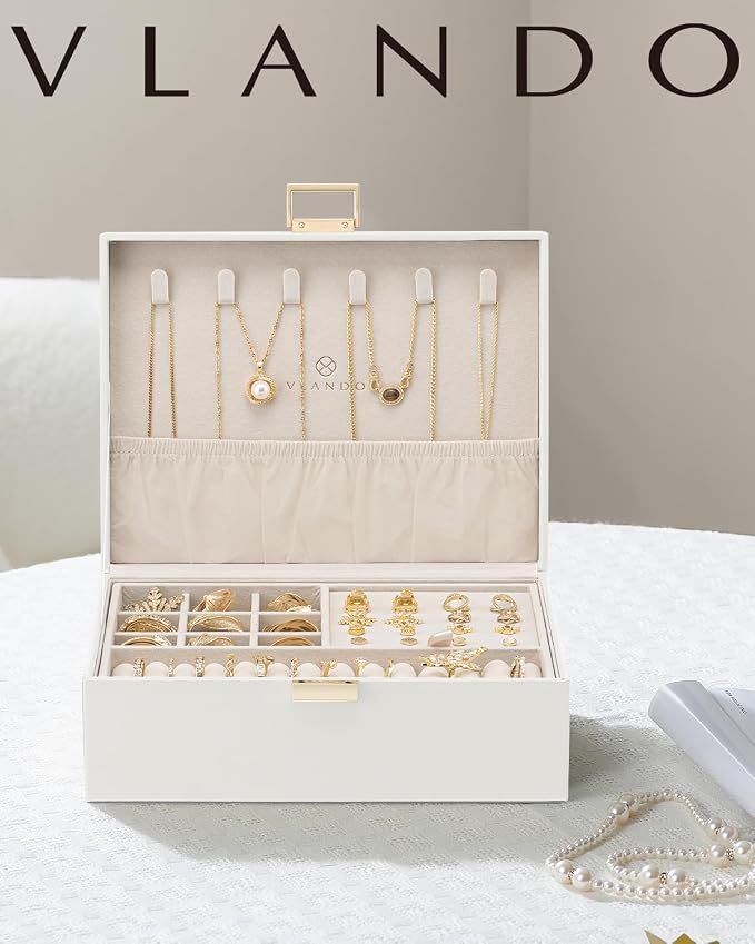 VLANDO Jewelry Box for Women, Gift for Women Girls,2 Layer Jewelry Box,Large Jewelry Organizer for Women Removable Jewelery Tray for Necklace Earrings Rings (Cloud White)