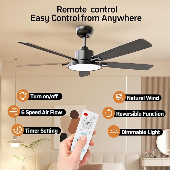 TALOYA 52 Inch Black Walnut Ceiling Fans with Lights Led Back Light Remote Control Flush Mount Low Profile for Bedroom Living Room Outdoor Patio,Reversible,DC Motor,3 Color Temperatures,5 Blades
