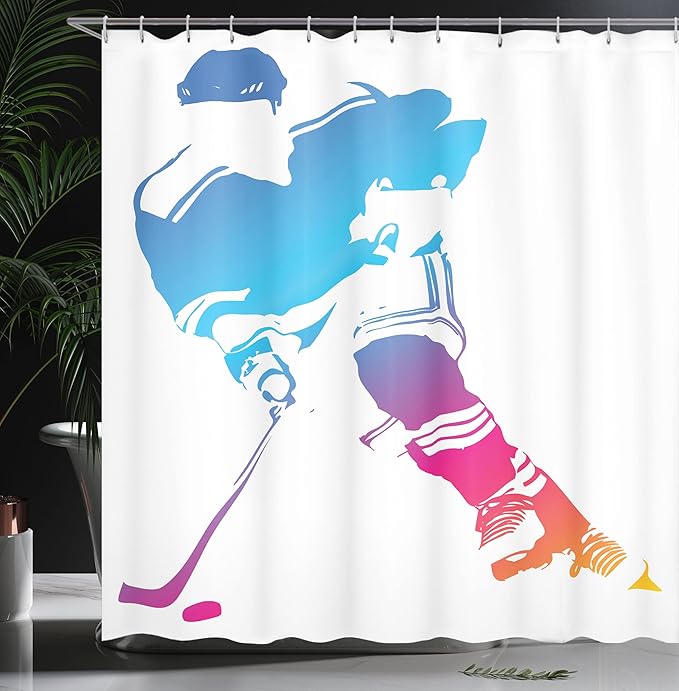 Ambesonne Sports Shower Curtain, Colorful Man Silhouette of a Hockey Player Athlete Racing Team Play, Cloth Fabric Bathroom Decor Set with Hooks, 69" W x 70" L, Magenta Orange