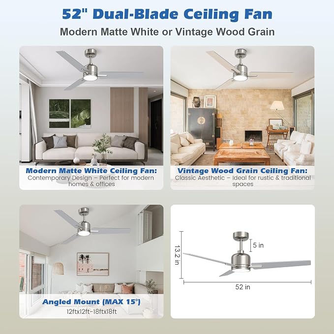 52 inch Ceiling Fans with Lights and Remote, Brushed Nickel Ceiling Fan, 6 Speed Reversible, 3CCT, Dimmable, Noiseless, 3 Blades, Quiet DC Motor, Silver Ceiling Fan for Bedroom, Indoor and Outdoor