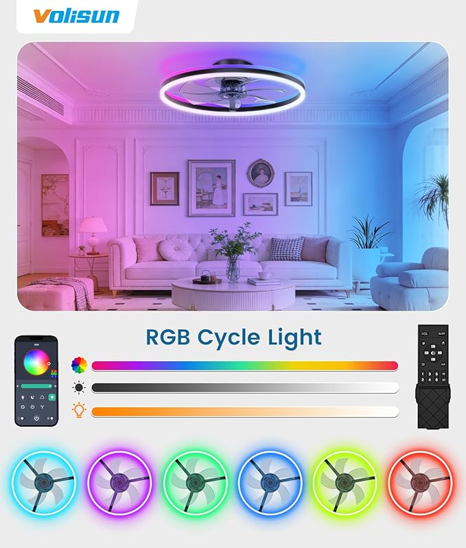 VOLISUN RGB Ceiling Fan with Lights and Remote, 23.6in Low Profile Ceiling Fan Flush Mount, 3000K-6500K Dimmable Fandelier LED Fan Light, Black Bladeless Ceilings Fans for Bedroom