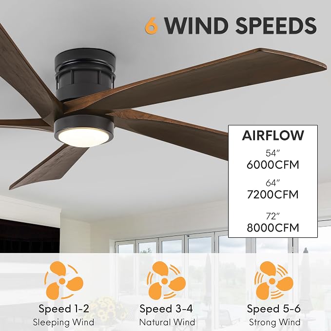 EKIZNSN 64 Inch Outdoor Low Profile Flush Mount Ceiling Fans with Lights and Remote Control for Patios, 6-Gear Speed, 110V Noiseless Reversible DC Motor (Black Finish with Walnut Blades)