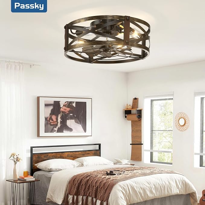 Passky 20" Farmhouse Flush Mount Ceiling Fans with Lights and Remote, Industrial Black Caged Low Profile Fandelier, 6 Speeds Bladeless Ceiling Fan for Bedroom, Kitchen, Living Room