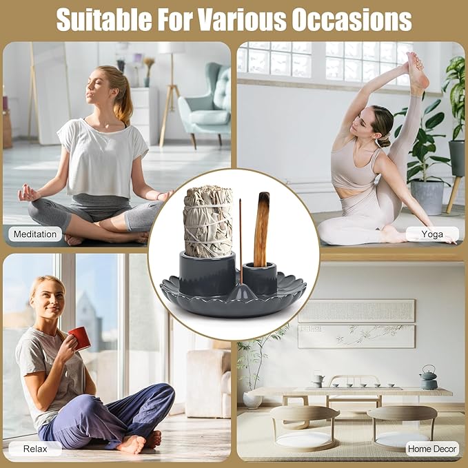 4 in 1 Incense Holder, Incense Burner, Palo Santo Holder, Ceramic Ash Catcher Tray for Meditation Room, Candle Holder for Burning Sage (Gray)