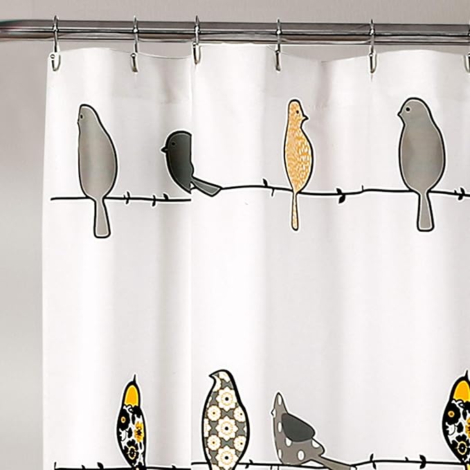 Lush Decor Rowley Birds Shower Curtain, 72” W x 72” L, Yellow & Gray - Colorful Floral Bird Pattern - Whimsical & Playful Bird Shower Curtain - Farmhouse, Coastal, & Boho Bathroom Decor