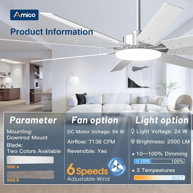 Amico 72 inch Brushed Nickel Ceiling Fan with Light, Large Modern Ceiling Fans with Remote, Reversible DC Motor, Dimmable 3CCT LED, Quiet Indoor/Outdoor for Living Room, Bedroom, Patio