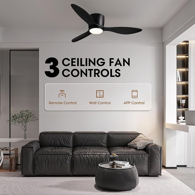 LUDOMIDE Ceiling Fans with Lights,42 Inch Low Profile Ceiling Fan with Wall Control and Remote Control,Dimmable,Flush Mount Ceiling Fan with Noiseless DC Reversible Motor for Bedroom Indoor Use