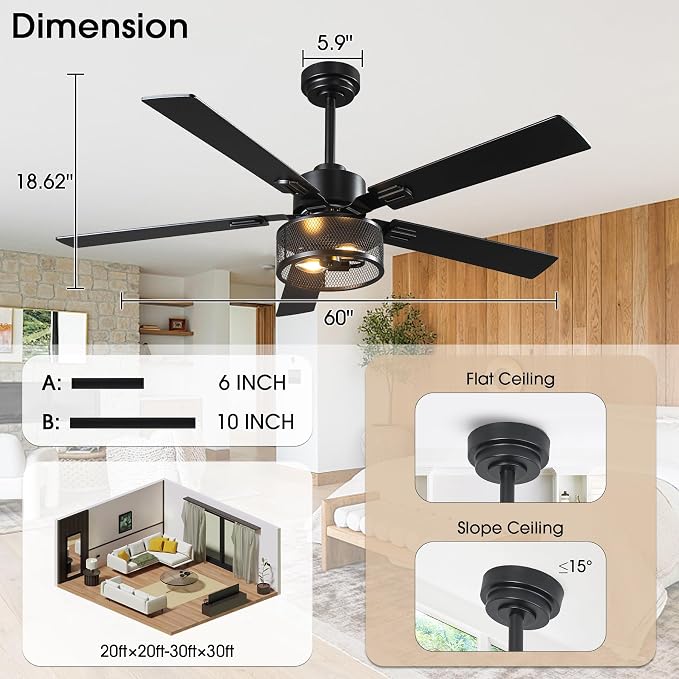 Ceiling Fans with Lights and Remote Control, 52 Inch Farmhouse Ceiling Fan for Living Room, 5 Dual Finish Blades, 6-Speed Adjustable and Reversible DC Motor with Timer & APP Control for Indoor/Outdoor