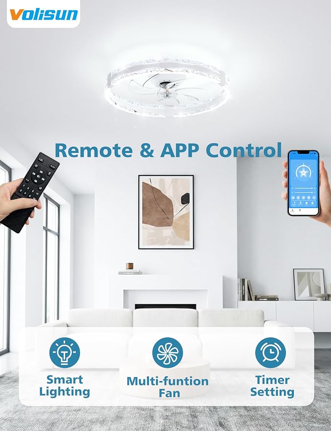 VOLISUN Low Profile Ceiling Fans with Lights and Remote, 20in Fandelier Ceiling Fans with Lights Flush Mount, Dimmable Bladeless LED Ceiling Fan Light, White Modern Ceiling Fan Light for Bedroom