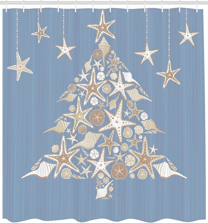 Ambesonne Christmas Shower Curtain, Nautical Elements Sea Life Theme with Noel Tree Winter Season, Cloth Fabric Bathroom Decor Set with Hooks, 69" W x 70" L, Beige Cream
