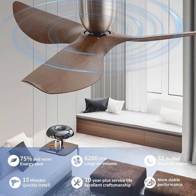 60" Walnut Finish Flush Mount Ceiling Fan with Remote, No Light | Modern Low-Profile, Heat Resistant ABS Blades, 6-Speed Reversible Quiet DC Motor for Balcony, Living Room, Bedroom