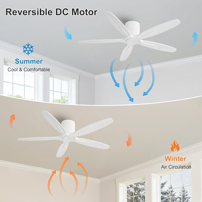 WINGBO 54" Flush Mount Ceiling Fan No Light - 5 Carved Solid Wood Blades, 6-Speed Reversible DC Motor, Dimmable, 3CCT, Low Profile Ceiling Fans without Lights for Bedroom Living Room, White