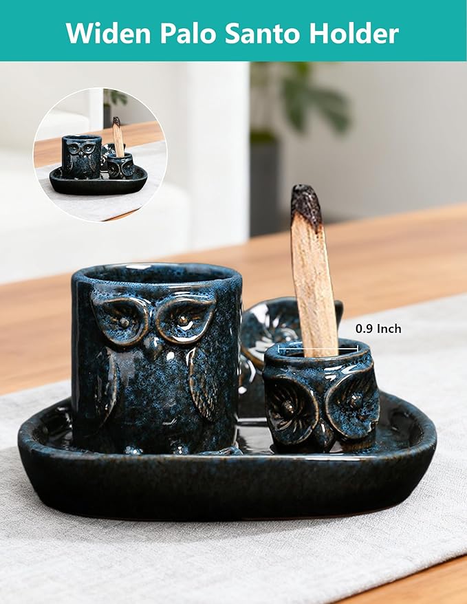 Comeon Palo Santo Holder, 4 in 1 Ceramic Owl Backflow Incense Burner Holder Candle Holder Sage Holder for Burning Bow(Blue)
