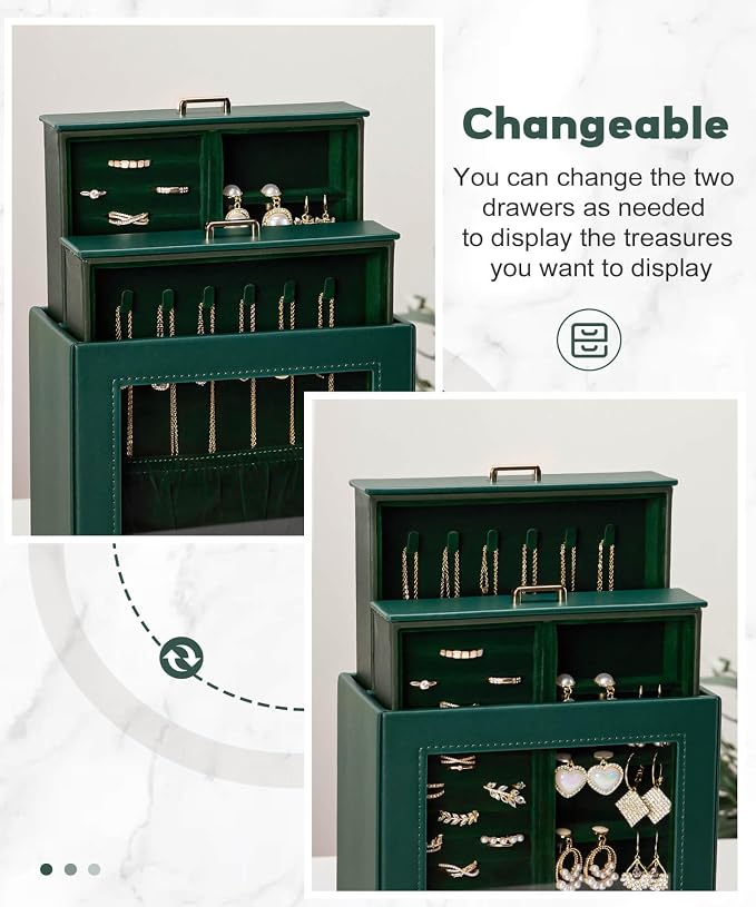 Homde Display Jewelry Box for Girls: Starter Organizer with Clear Window | Vertical Drawers for Earrings Rings Necklaces - Compact Footprint Fits Small Vanities - Birthday&Graduation Gift for Teens