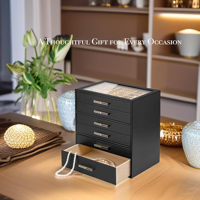 VLANDO 6-Drawer Jewelry Box with Glass Lid, Faux Leather Organizer for Rings Earrings Necklaces and More, Gift-Ready Jewelry Case for Women Girls or Moms, Black