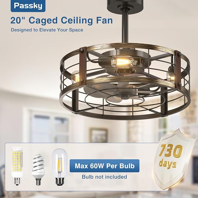 Passky 20 Inch Farmhouse Caged Ceiling Fans with Lights and Remote, Black Downrod Mount Bladeless Fandelier, 6 Speeds Bladeless Ceiling Fan Light for Bedroom, Kitchen, Living Room, Indoor