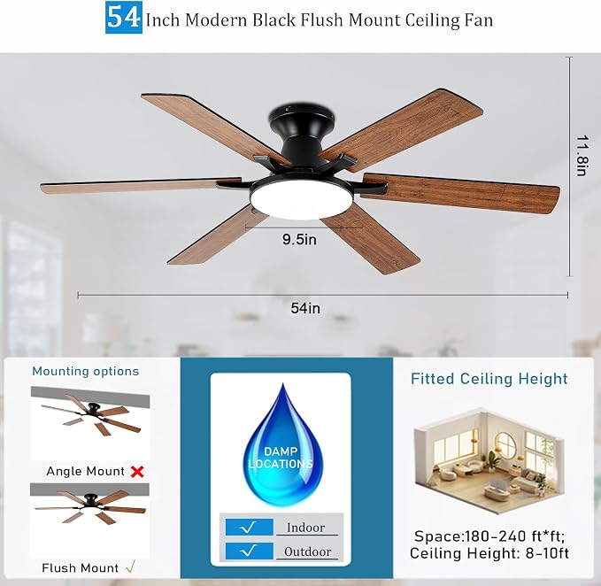 Ceiling Fans with Lights,54 Inch Low Profile Ceiling Fan with Light and Remote Control,6 Speeds/6 Blade,Flush Mount,LED Dimmable DC Reversible Modern, Brown Ceiling Fan for Bedroom/Living Room