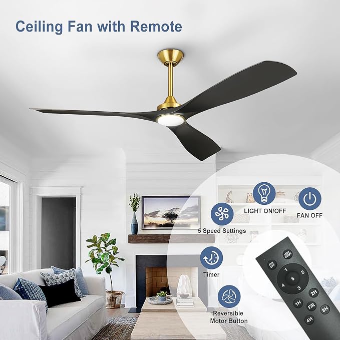 60 Ceiling Fan with Light: Black and Gold Ceiling Fans Reversible 3 Blades 5 Speeds - Modern Ceiling Fan with Remote for Indoor Living Room Bedroom