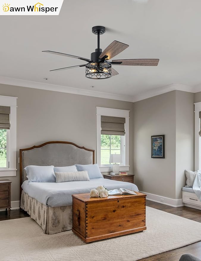 Dawn Whisper 52 Inch Farmhouse Ceiling Fans with Lights and Remote Quiet and Reversible DC Motor Black Industrial Rustic Caged Ceiling Fan for Bedroom Living Room Covered Patio (12-Black)