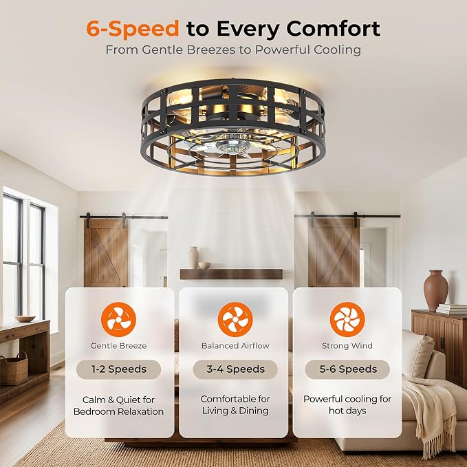 Black 20" Caged Ceiling Fan with Light and Remote, Farmhouse Low Profile Flush Mount Fandelier, Bladeless Ceiling Fans 6 Speeds Reversible, Fan Light Fixture for Bedroom, Living Room, Kitchen