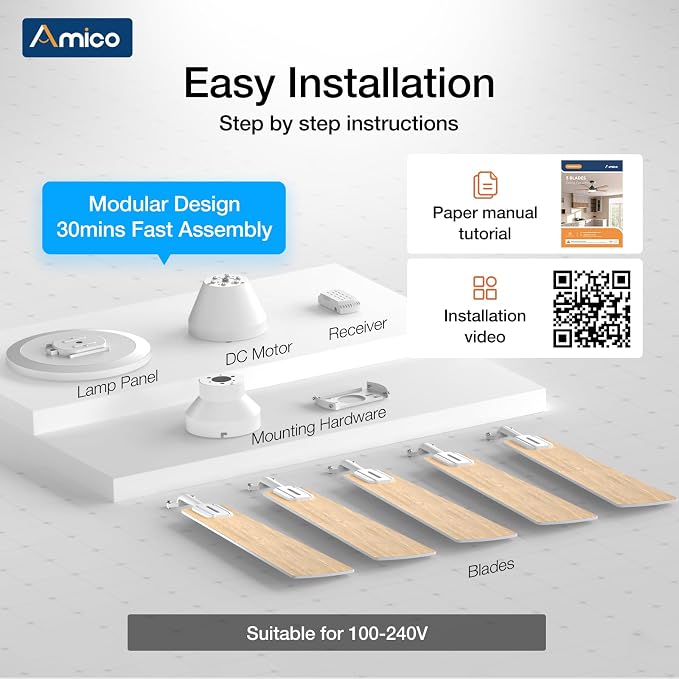 Amico Ceiling Fans with Lights, 52 inch Smart Ceiling Fan with Remote/APP/Alexa Control, Flush Mount, Reversible DC Motor, 5 Blades, 6 Speeds, 3CCT, Dimmable, Noiseless, Bedroom, Living Room, White