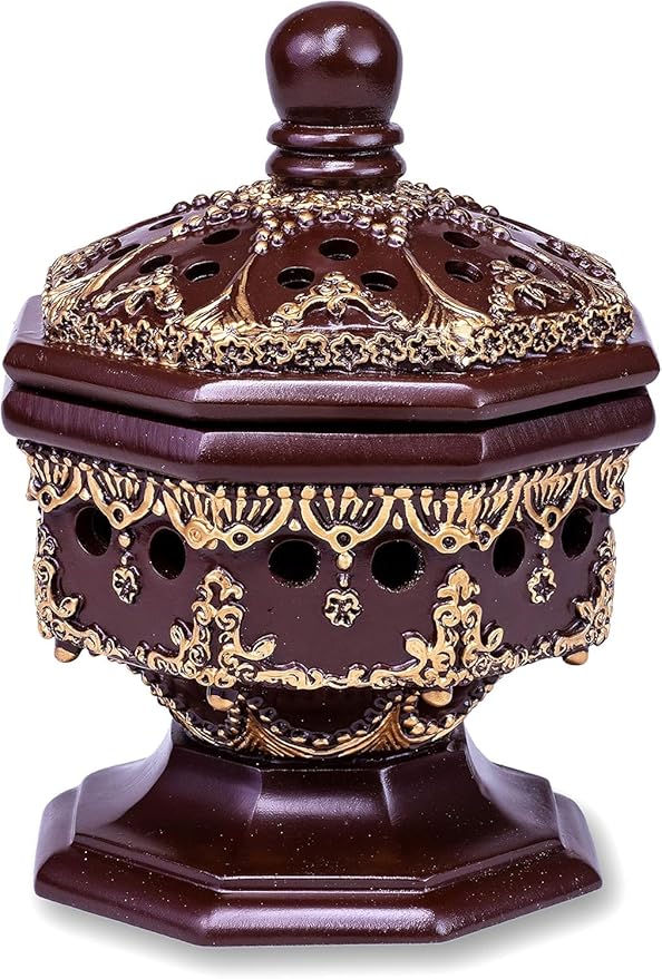 AM Lux Octagon Incense Burner – Bakhoor & Cone Holder | Charcoal Resin Burner for Frankincense, Myrrh & Aromatherapy | Decorative Mabkhara for Home, Office & Meditation Room Decor (Octagon Brown)