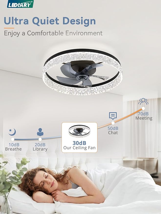 LEDIARY 22 Inch Ceiling Fans with Lights and Remote, Fandelier Low Profile Ceiling Fan, 3000K-6000K Dimmable Flush Mount LED Fan Light, Black Modern Ceiling Fans with Lights for Bedroom