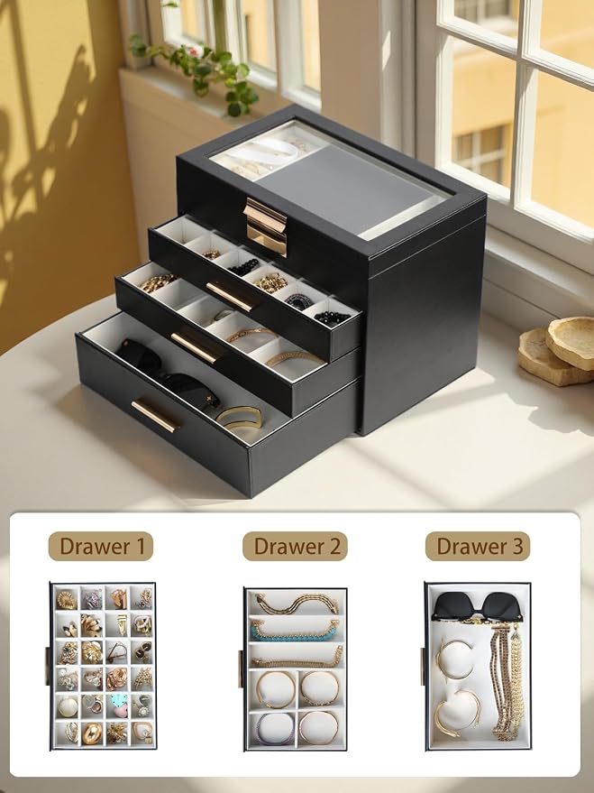 BOOVO Jewelry Boxes for Women, White and Black 6 Layer Large Jewelry Box for Necklace, Bracelet, Earrings, Rings Storage, Jewelry holder Organizer for Girls Gift (Clear Black, 4 layer)
