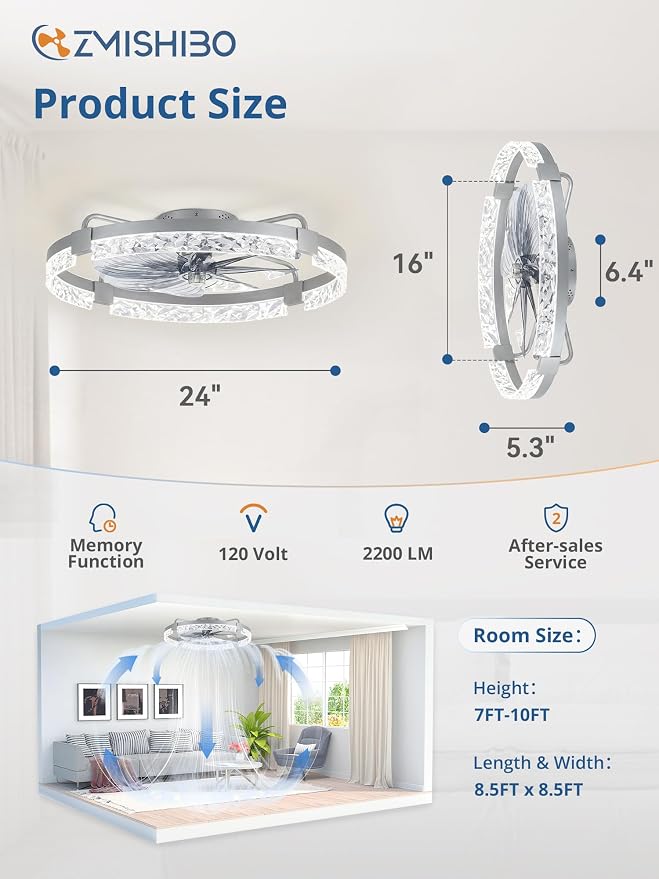 ZMISHIBO 24 Inch Flush Mount Ceiling Fan with Light, Bladeless Low Profile Enclosed Fan for Bedroom Kids Room, 6 Speeds Reversible DC Motor, 3CCT Dimmable Smart App Control