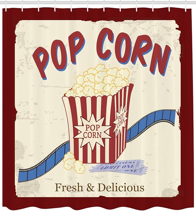Ambesonne Movie Theater Shower Curtain, Fresh and Delicious Pop Corn Film Tickets and Strip Advertising in 60s Theme, Cloth Fabric Bathroom Decor Set with Hooks, 69" W x 75" L, Ruby Cream Blue