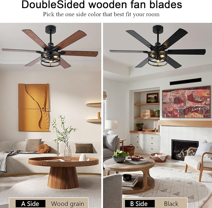 NKPU 52 Inch Farmhouse Ceiling Fan with Light and Remote, Brown Industrial Caged Rustic Ceiling Fan with 6 Speed Reversible Motor and Dual Finish 6 Blades, Rustic Ceiling Fan for Living