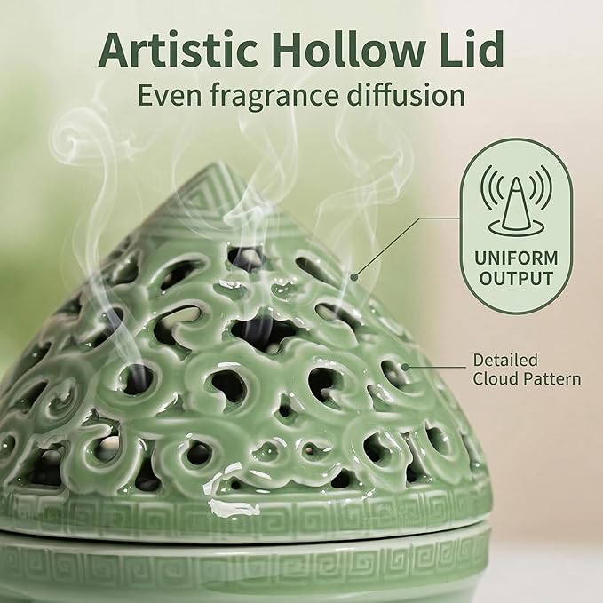 Mini Ceramic Incense Burner - Chinese Classic Plum Green Celadon Glaze, Fragrance Cone & Stick Holder Palo Santo/Sage/Herb Burner for Meditation, Yoga, Desk Decor, Zen Relaxation Gift (Cloud-B)