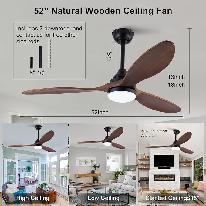 52 inch Ceiling Fans with Lights and Remote Control, Dimmable LED Light, Indoor Outdoor Mordern Black Ceiling Fan with 3 Wood Blade for Patio Living Room, Bedroom, Office, Summer House