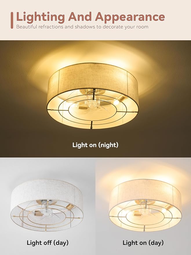 Low Profile Ceiling Fans with Lights, 20" Boho Rattan Ceiling Fan with Light Flush Mount and Remote Control, Drum Caged with 6 Speeds for Bedroom, Nursery, Living Room