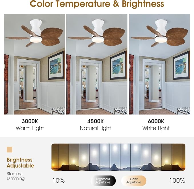 Kviflon Tropical Ceiling Fans with Lights and Remote Control, 30 Inch Low Profile Flush Mount Ceiling Fans, Palm Leaf Ceiling Fan with Light for Small Room Indoor Outdoor, Wood Grain