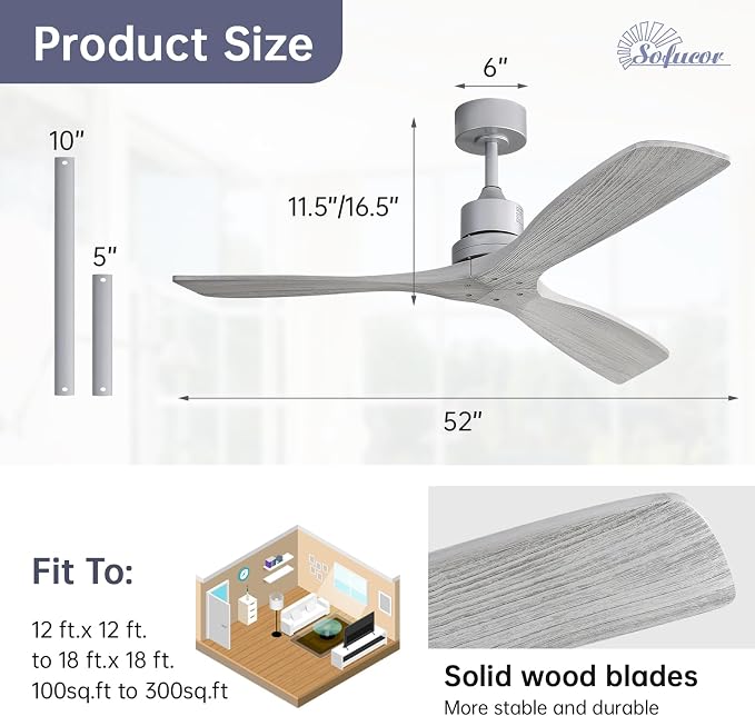 Sofucor 52 Inch Ceiling Fan No Light - Modern Solid Wood Ceiling Fan with Remote, 5000CFM High Airflow, Quiet DC Motor, 6 Speeds, Timer & Reversible for Bedroom Living Room, ETL, Grey