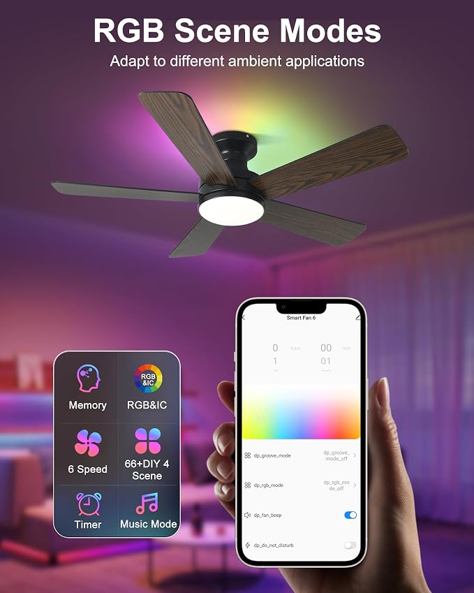 42 Inch Ceiling Fans with Lights, Smart Ceiling Fan with Alexa, Black Ceiling Fan with RGB Lights Remote, 6 Speeds Reversible DC Motor, Modern Flush Mount for Bedroom Living Room