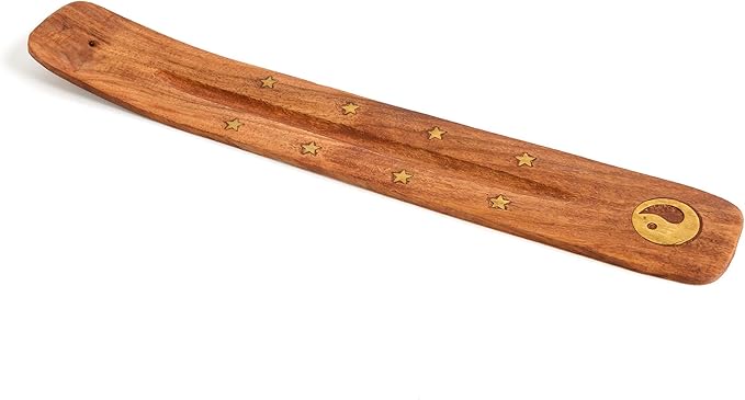 Wooden Incense Holder for Sticks with Inlays of Brass Ying YANG 10 inches Long