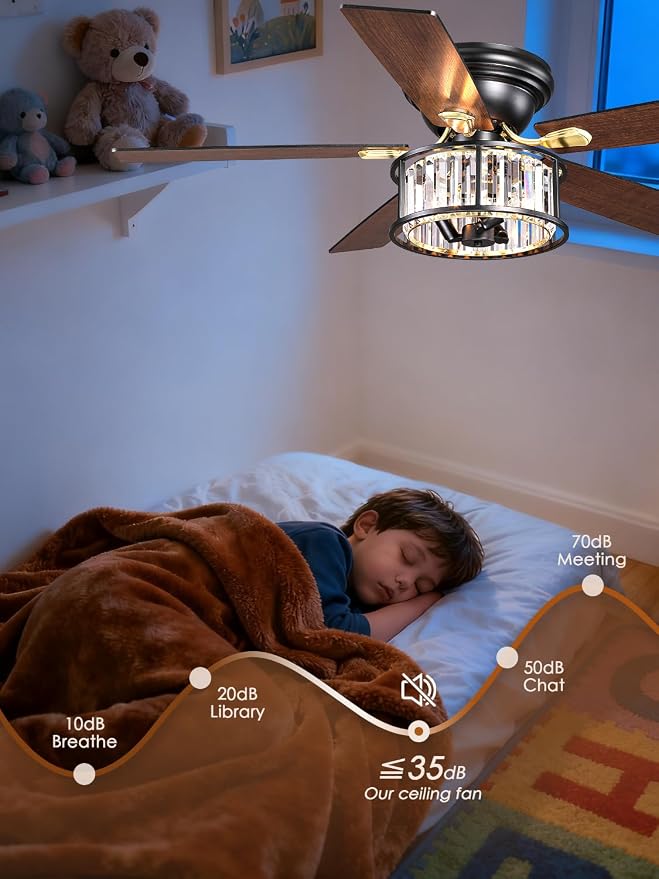 52 inch Flush Mount Ceiling Fan with Light Remote Control | Low Profile Crystal Chandelier Fandeliers 5 Reversible Blades Indoor Farmhouse Ceiling Fans for Bedroom Living Room Kitchen