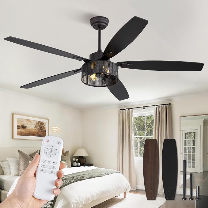 Fanbulous Farmhouse Ceiling Fans with Lights and Remote, 60 Inch Industrial Black Caged Ceiling Fans for Living Room Bedroom Kitchen, 6 Speed Reversible Quiet DC Motor, Dual Finish 5 Blades