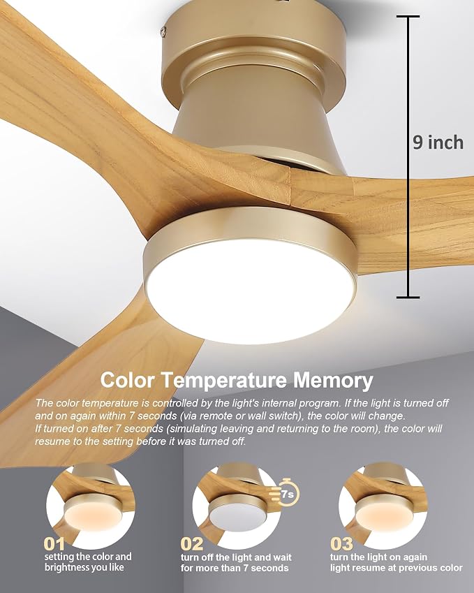 42 Inch Gold Ceiling Fan with Lights, Remote Control, Flush Mount, Dimmable, Reversible, Wood Blades, Power-Off Memory, Quiet DC Motor, Modern Hugger Ceiling Fan for Indoor Outdoor Gold