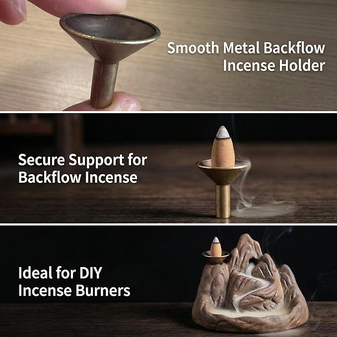 3Pcs Backflow Incense Holder Alloy Cone Burner Cones Sticks Ash Catcher Base Protector Retro Funnel Stand Mini Censer Tray Rack for Incense