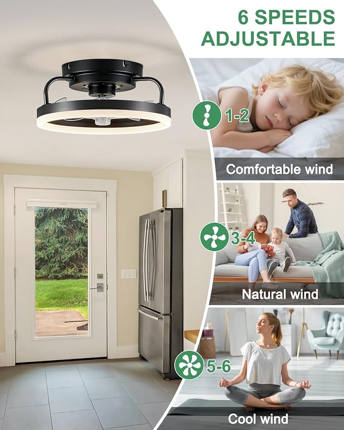 Ceiling Fan with Lights, Low Profile Ceiling Fans with Lights and Remote, Flush Mount LED Fan Light, Modern Bladeless Fandelier for Bedroom Works with APP, 12IN Black
